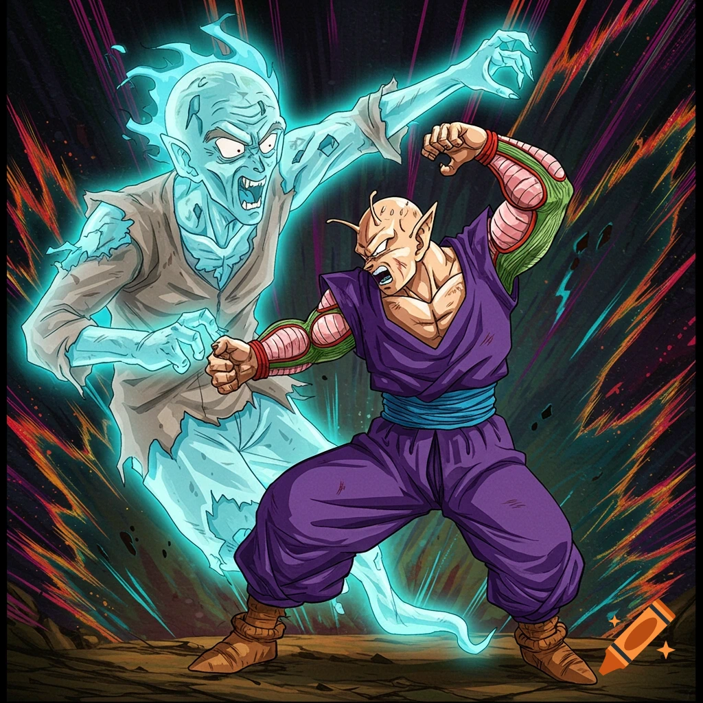 Piccolo uppercutting a blue ghostly figure in a fight.