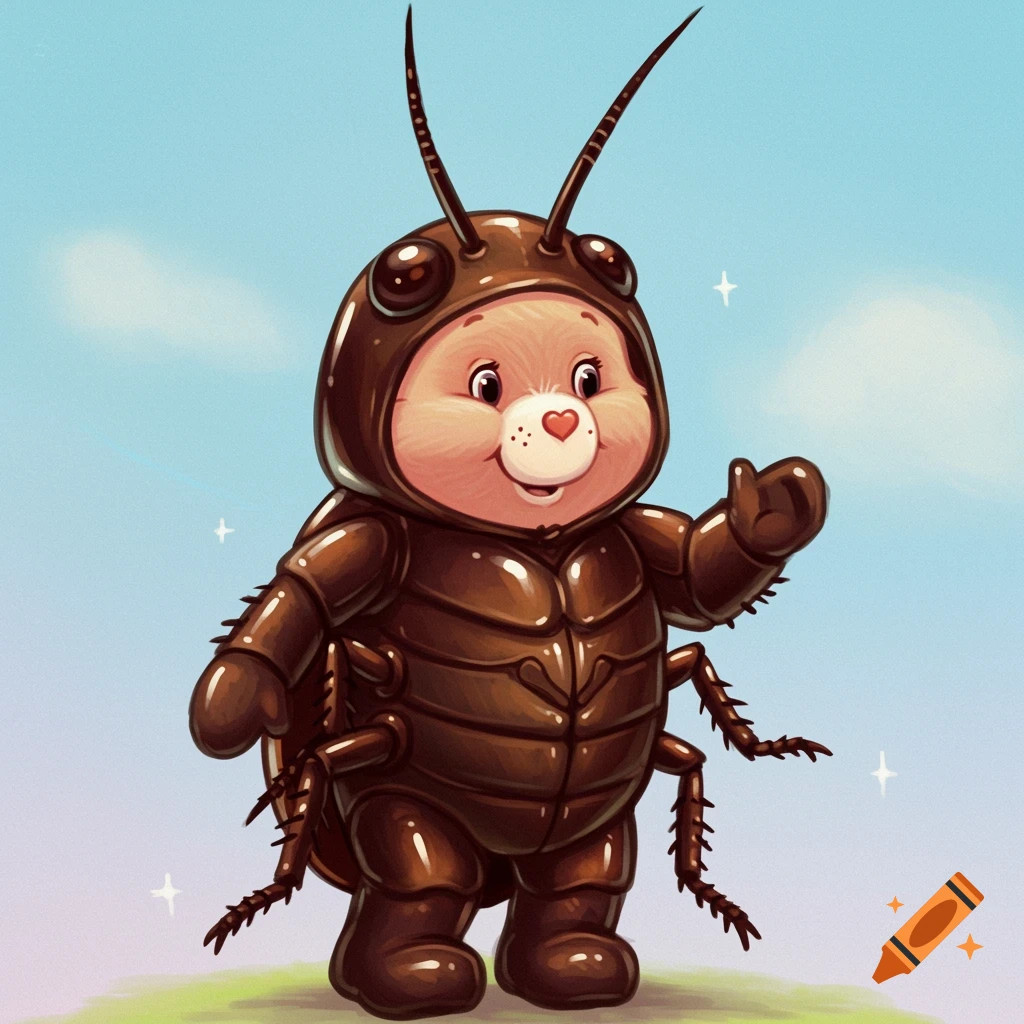 Cartoon Care Bear in a glossy cockroach costume standing on grass under a blue sky.