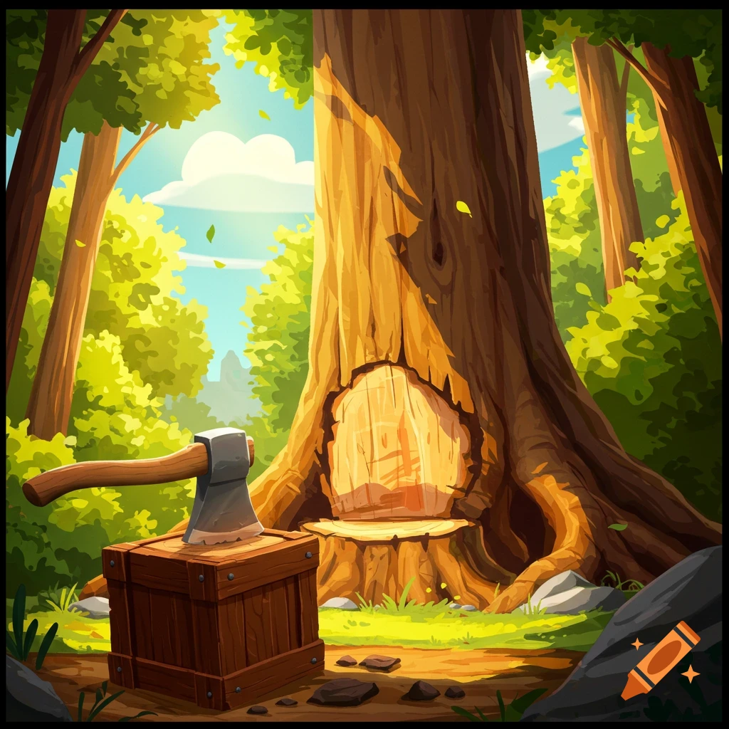 An axe rests on a box next to a tree stump carved into a seat in a sunny forest.