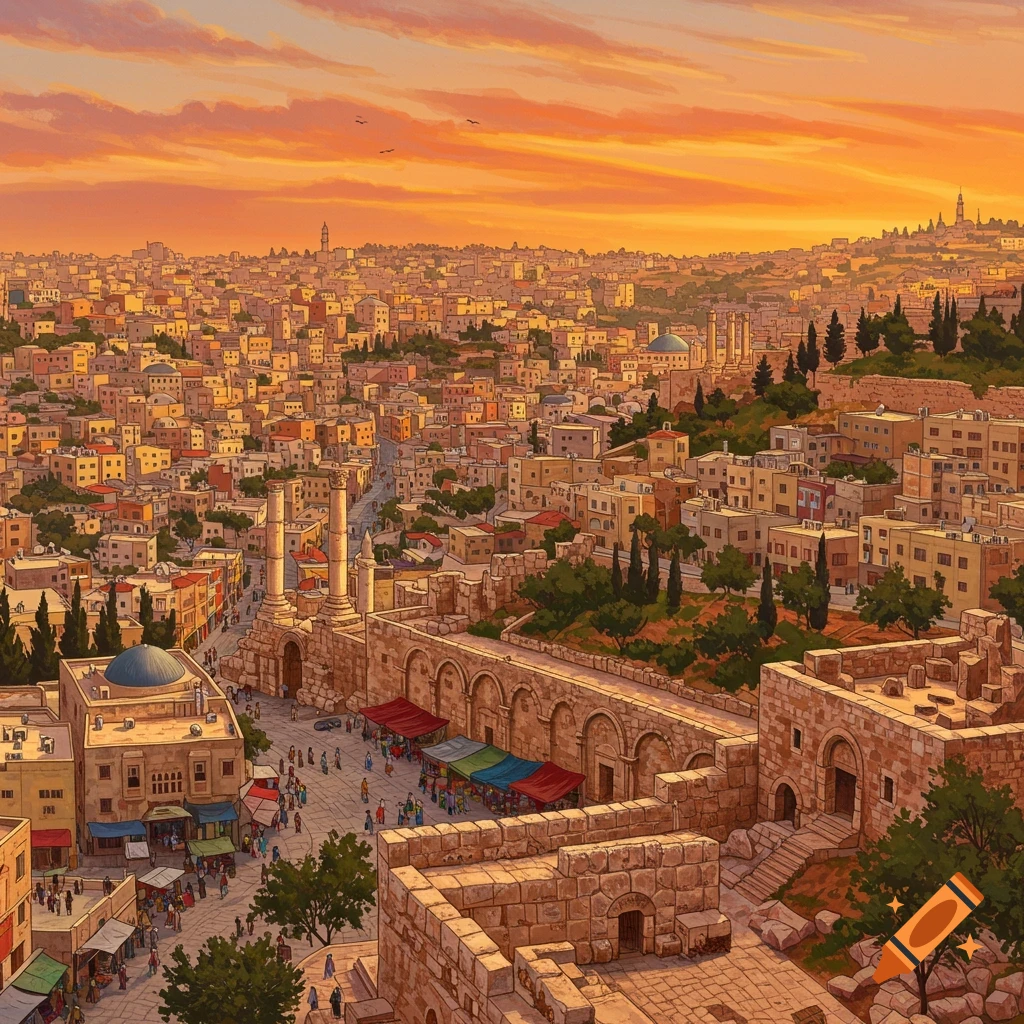 An ancient Middle Eastern city at sunset, seen from above.