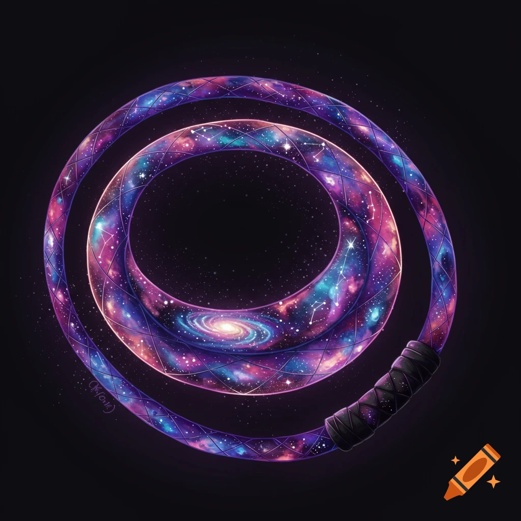 A cosmic whip with a galaxy pattern glowing on a dark background.