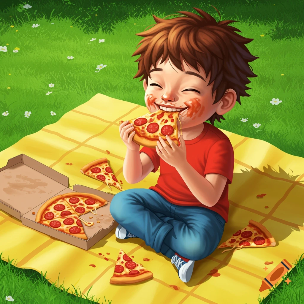 A young boy happily eating pizza on a yellow picnic blanket.