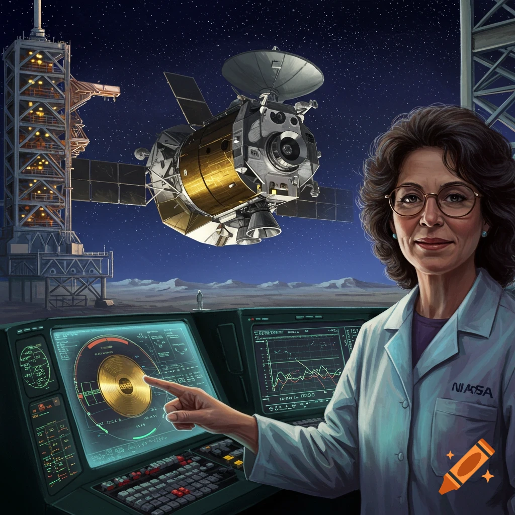 Painting of a scientist pointing at a computer screen with a satellite and launch tower in the background at night.