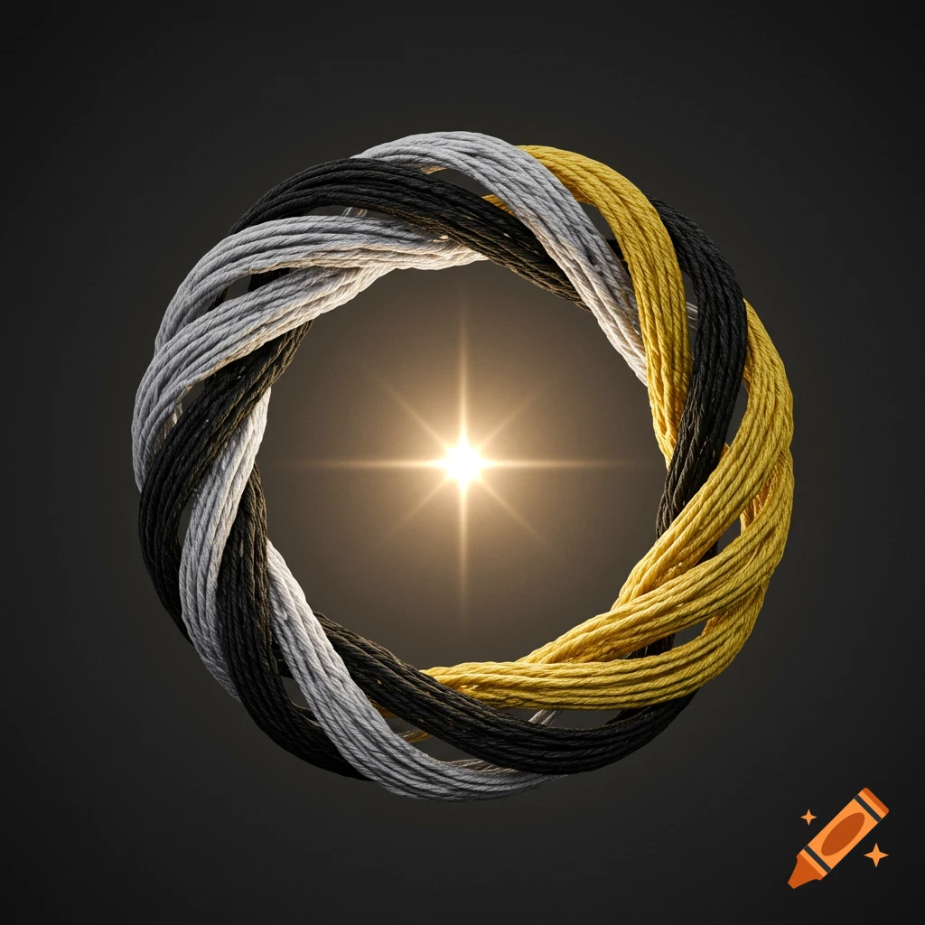 A circular ring made of interwoven black, silver, and gold ropes, with a bright starburst light at the center.