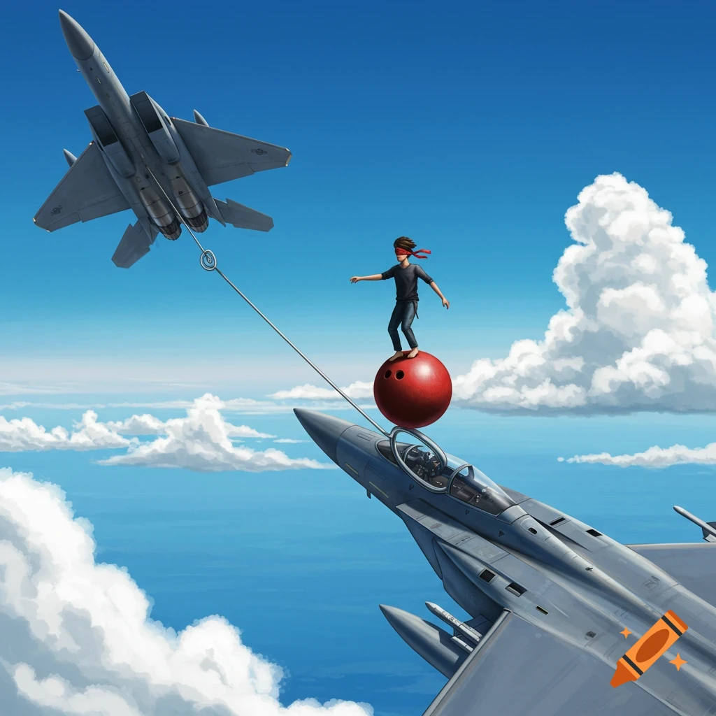 A blindfolded person is balancing on a bowling ball, which is on a tightrope between two F-15 fighter jets in the sky.
