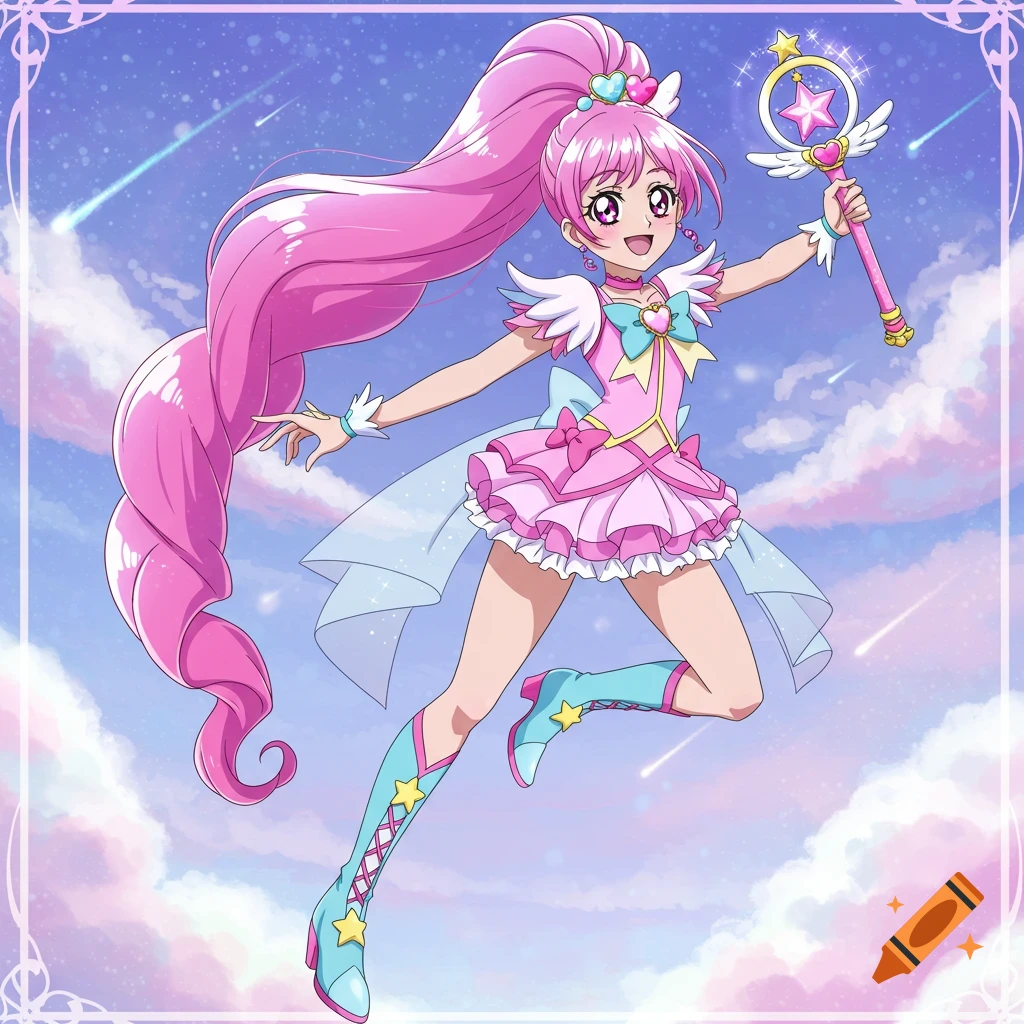 Anime magical girl with long pink hair and pink outfit jumps in the sky.