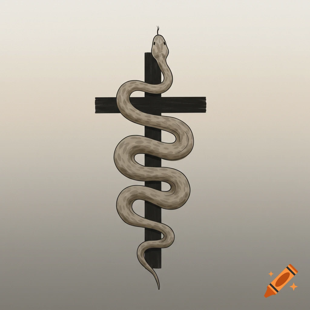 A snake wrapped around a cross.
