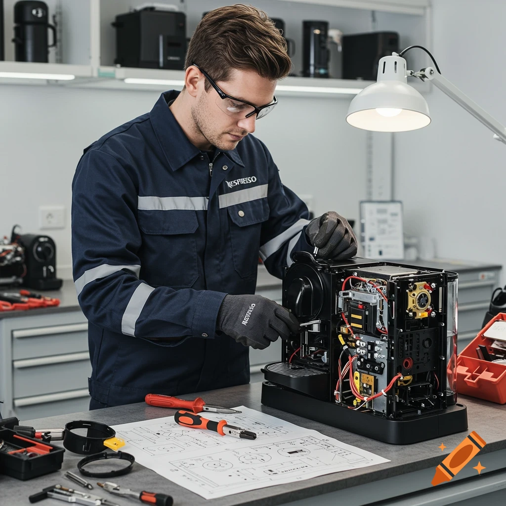 A technician in uniform and safety glasses repairs a Nespresso coffee machine on a workbench.