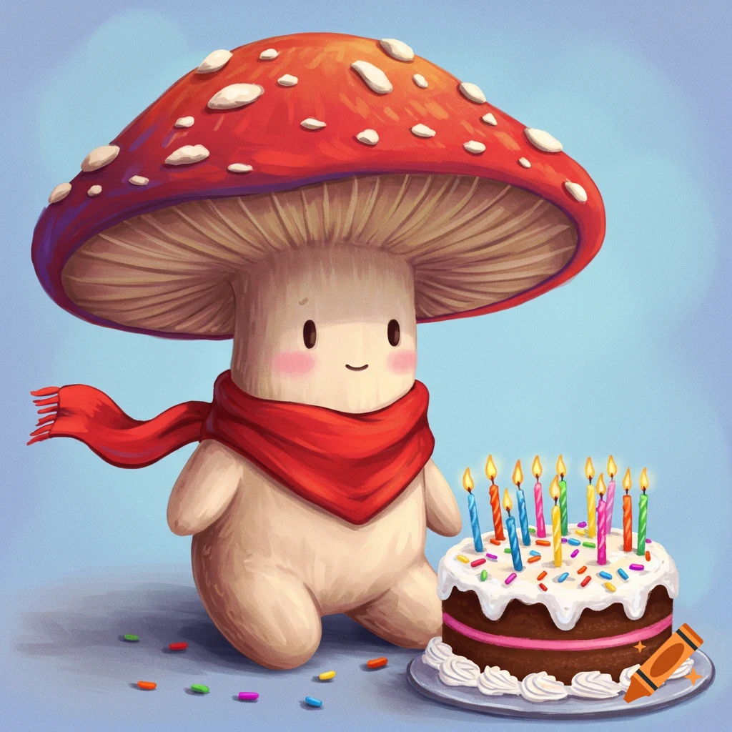 Cute mushroom character with a red scarf next to a birthday cake with candles.