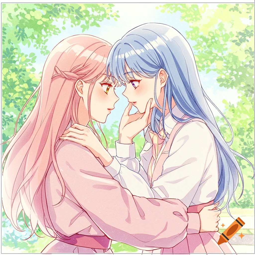 Two anime girls, one with pink hair and one with blue hair, embracing outdoors.