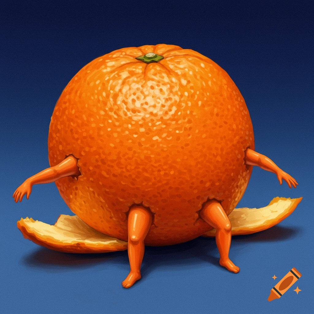 An orange with human arms and legs stands on a peel.