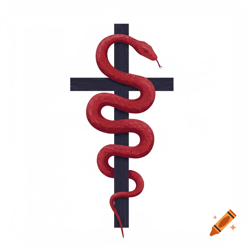 A red snake is coiled around a simple black cross in a minimalist style.