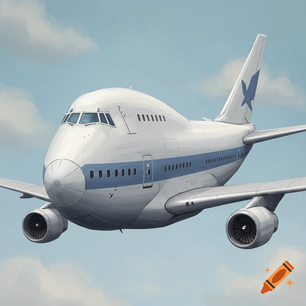 A white and blue airplane flying in a cloudy sky.