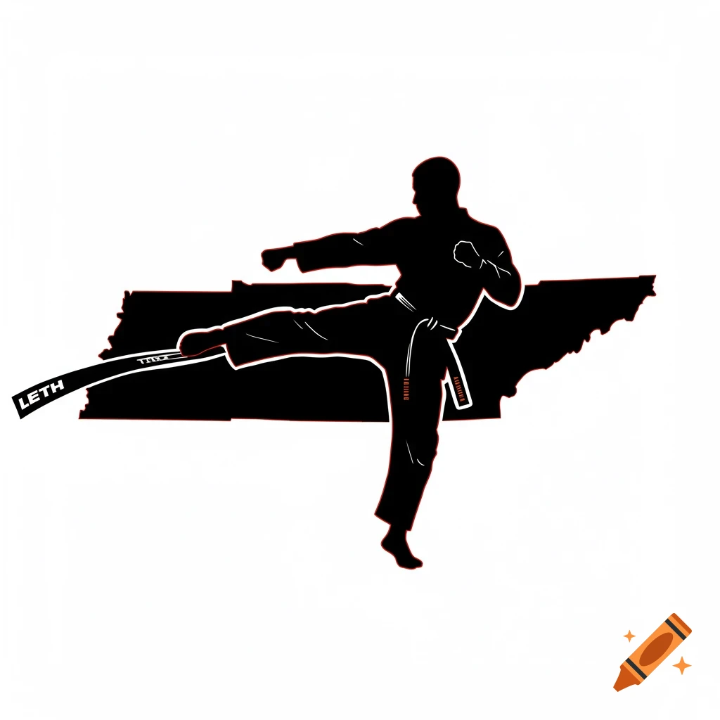 Silhouette of a martial artist kicking in front of the outline of the state of Tennessee.