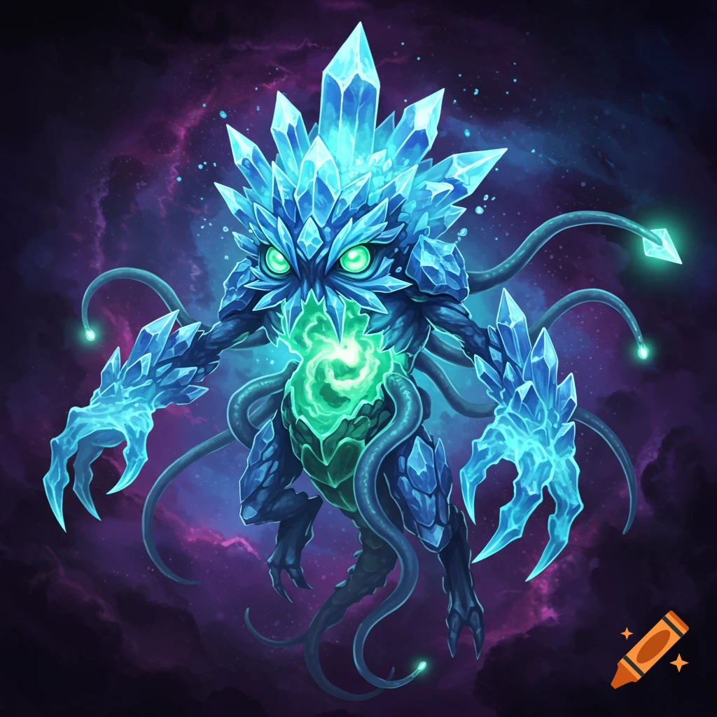 A creature made of blue crystals and tentacles with a glowing green core floats in space, digital art