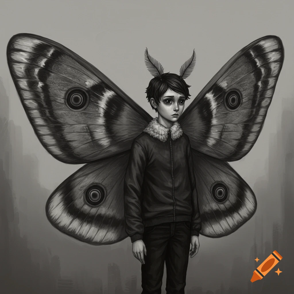 A grayscale illustration of a boy with large moth wings standing against a blurred background.