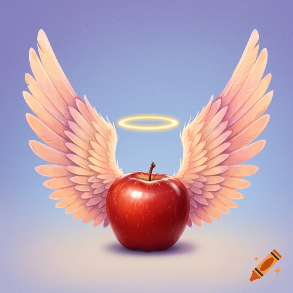 A red apple with light pink angel wings and a golden halo against a blue background.