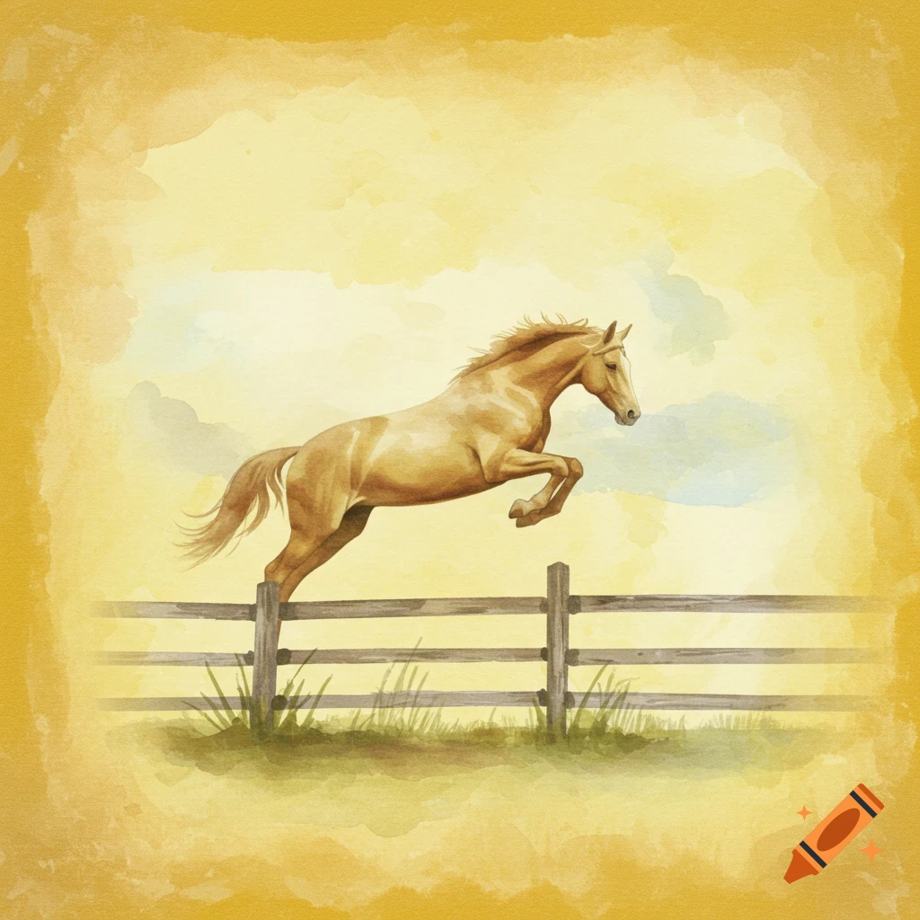 A brown horse jumps over a wooden fence in a watercolor painting on yellow canvas.