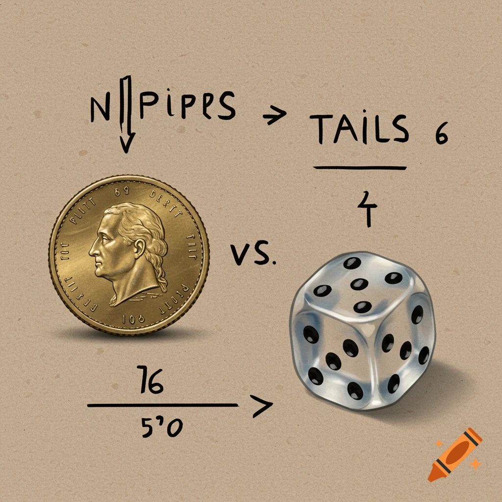 Illustration of a coin versus a die with text and arrows.