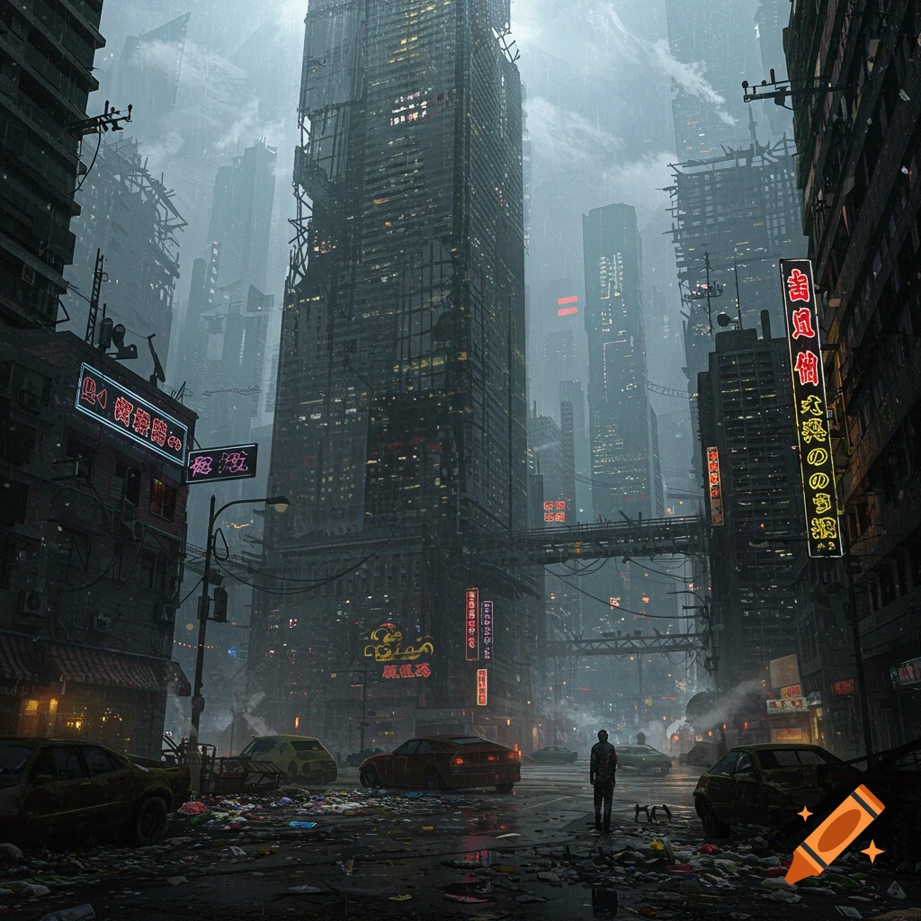A person stands in a rainy, trash-strewn street in a dark, dystopian city with towering buildings and neon signs.