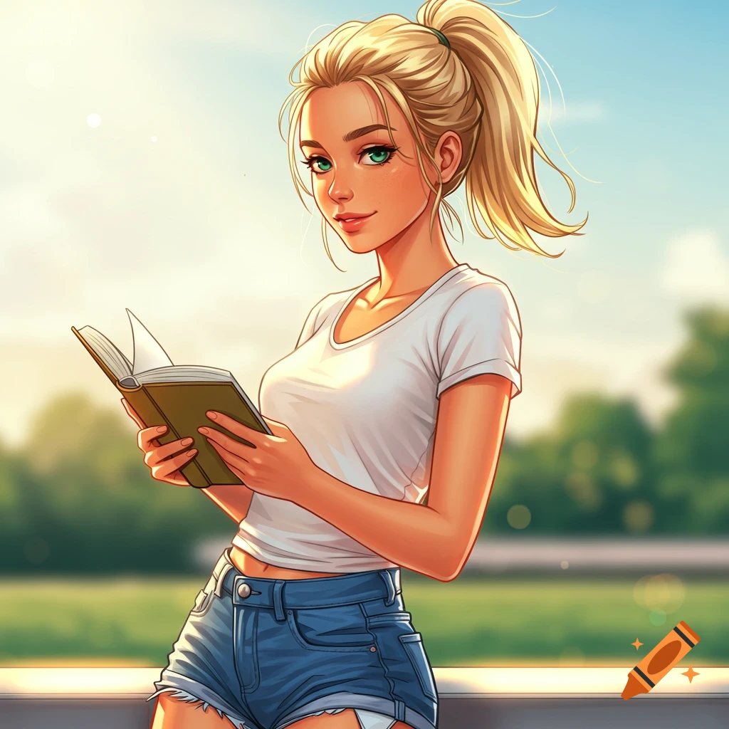 A blonde woman with a ponytail is reading a book outdoors.