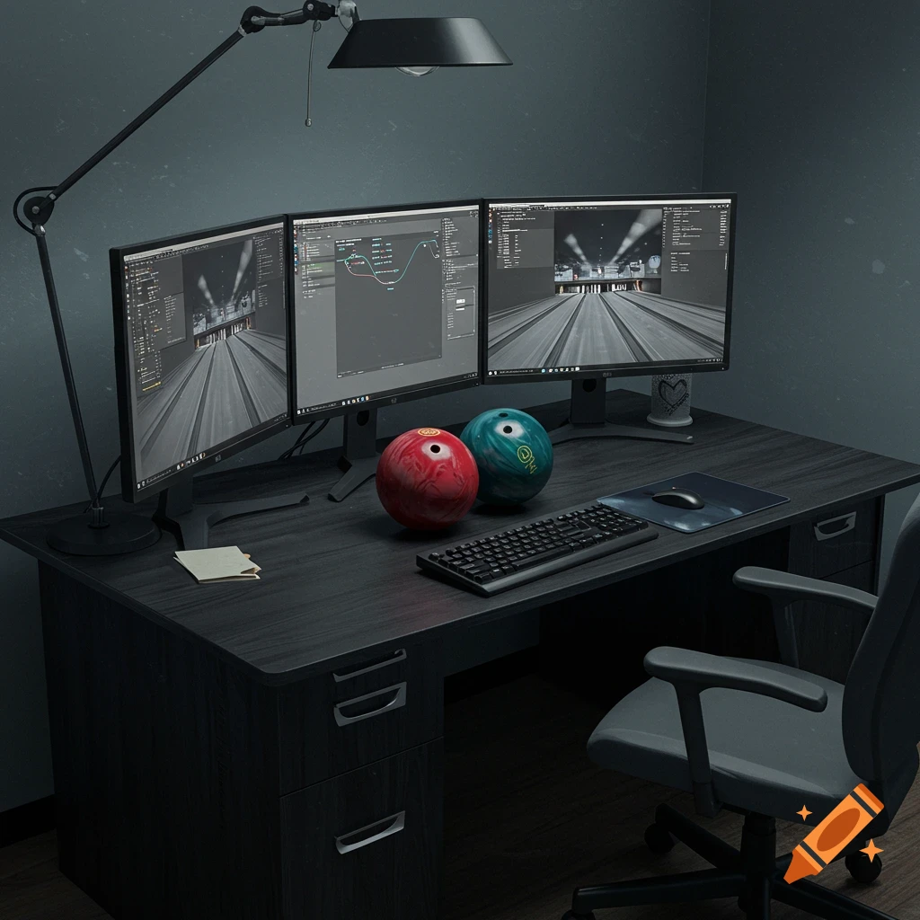 A desk with computer monitors, keyboard, mouse, lamp, and two bowling balls.