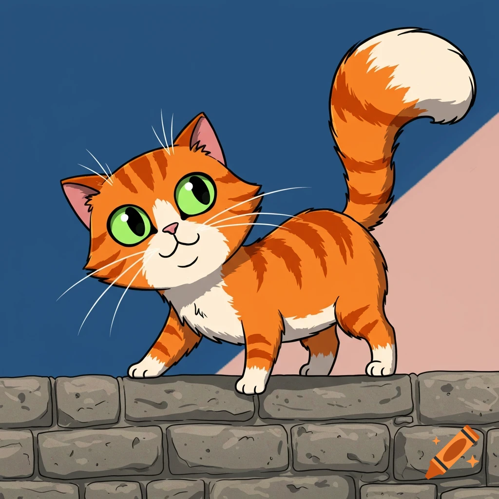 A cartoon orange tabby cat sits on a stone wall.