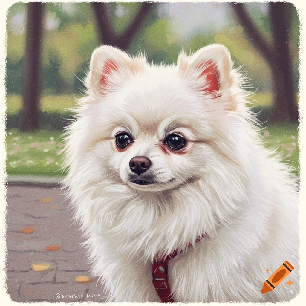 A white Pomeranian dog sitting in a park.