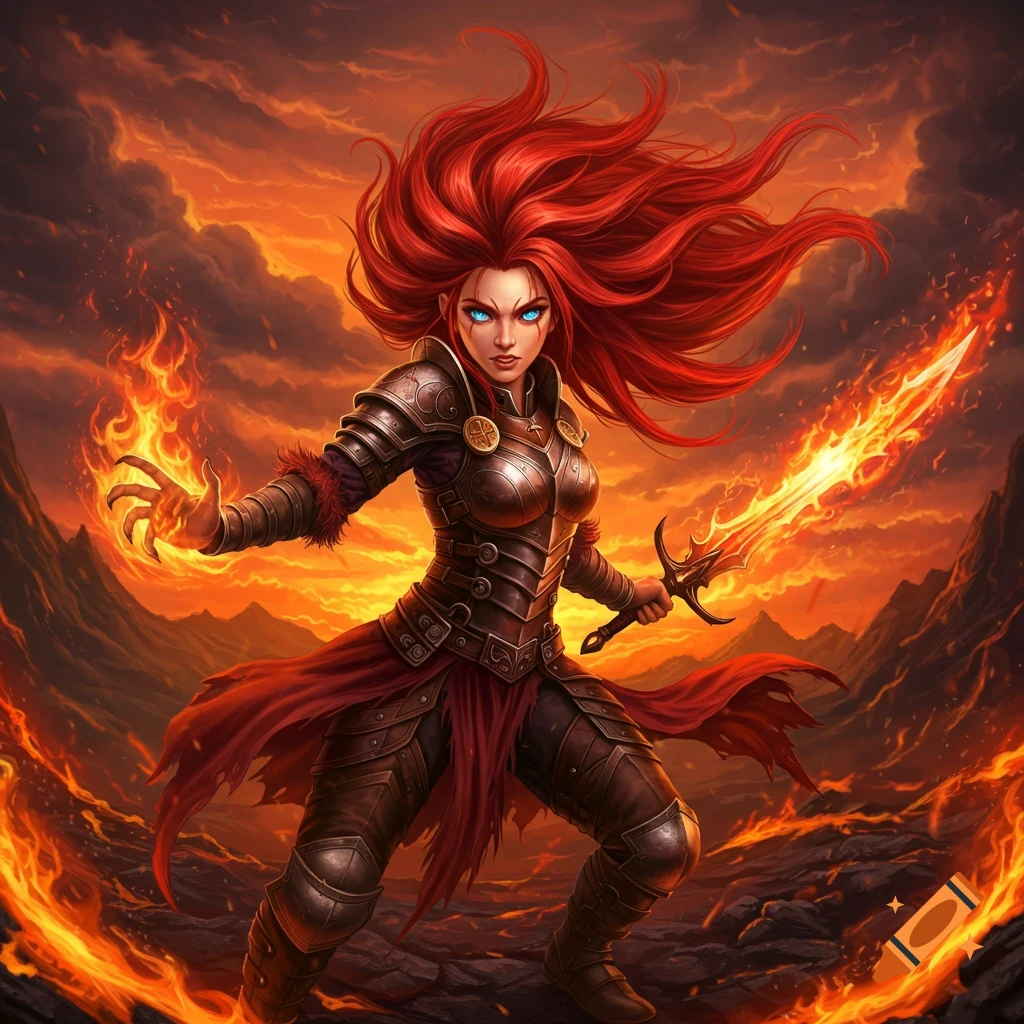 a red-haired female fire warrior with a flaming sword and hand, standing in a fiery landscape.