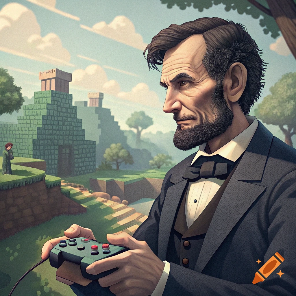 Abraham Lincoln plays a video game controller in a blocky landscape with a Minecraft-style building.