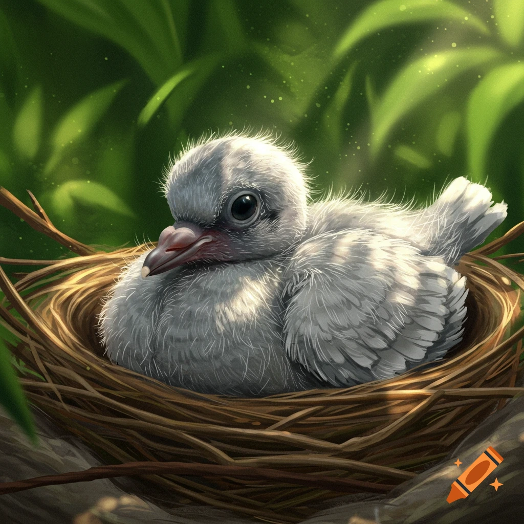 A fluffy baby pigeon sits in a nest.