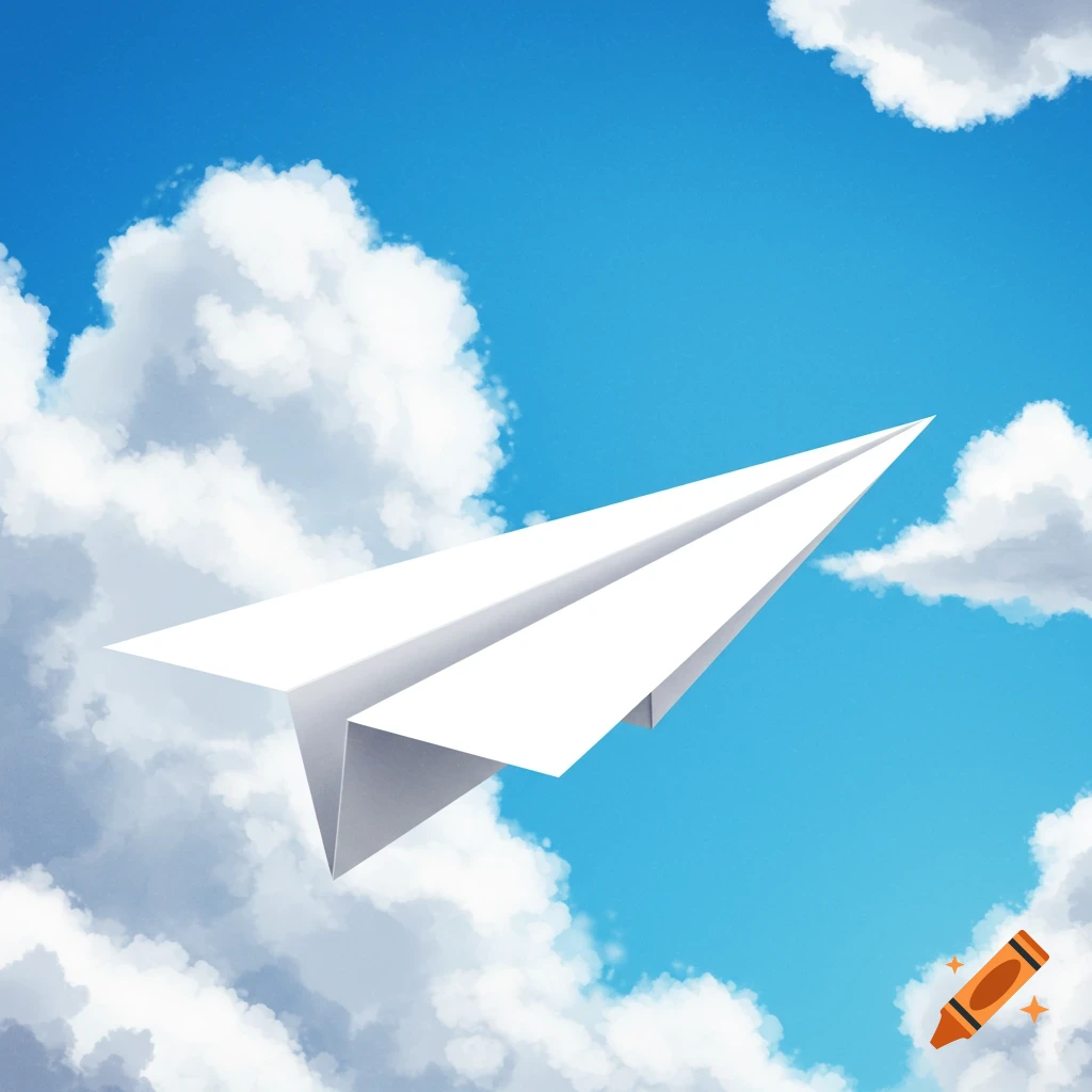 A white paper airplane flies through a blue sky with clouds. Digital art.