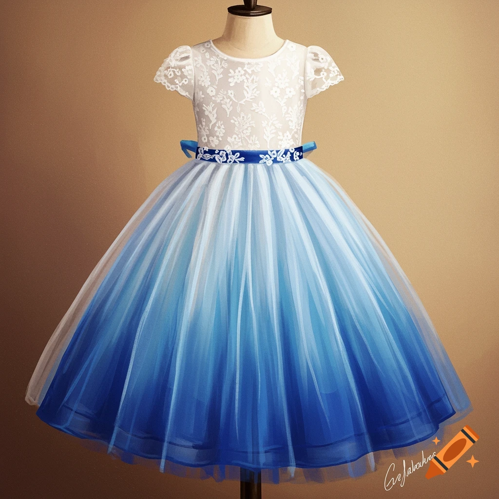 A dress on a mannequin with a white lace bodice, blue belt, and blue ombre tulle skirt.