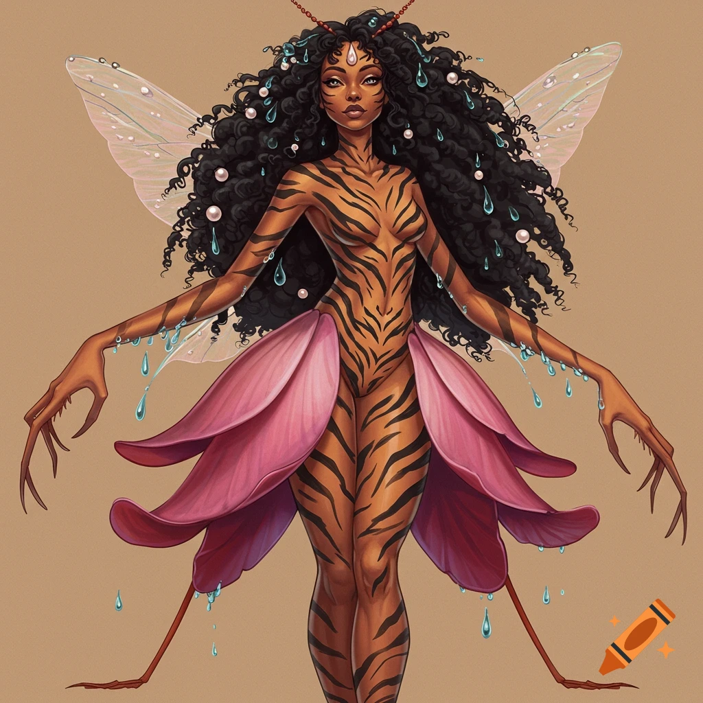 A fantasy creature with tiger stripes, fairy wings, curly hair, petal skirt, and claw-like limbs.