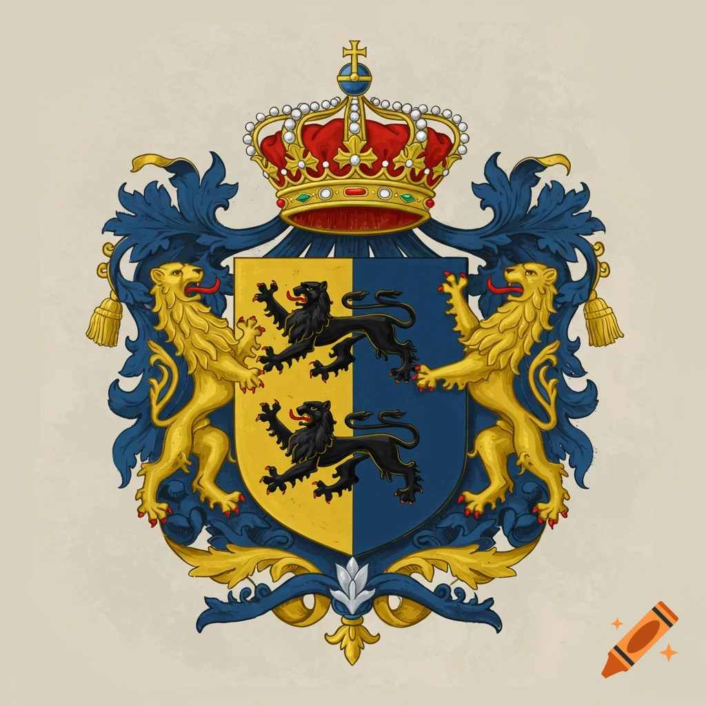 A coat of arms with a crown, shield, and two golden lions