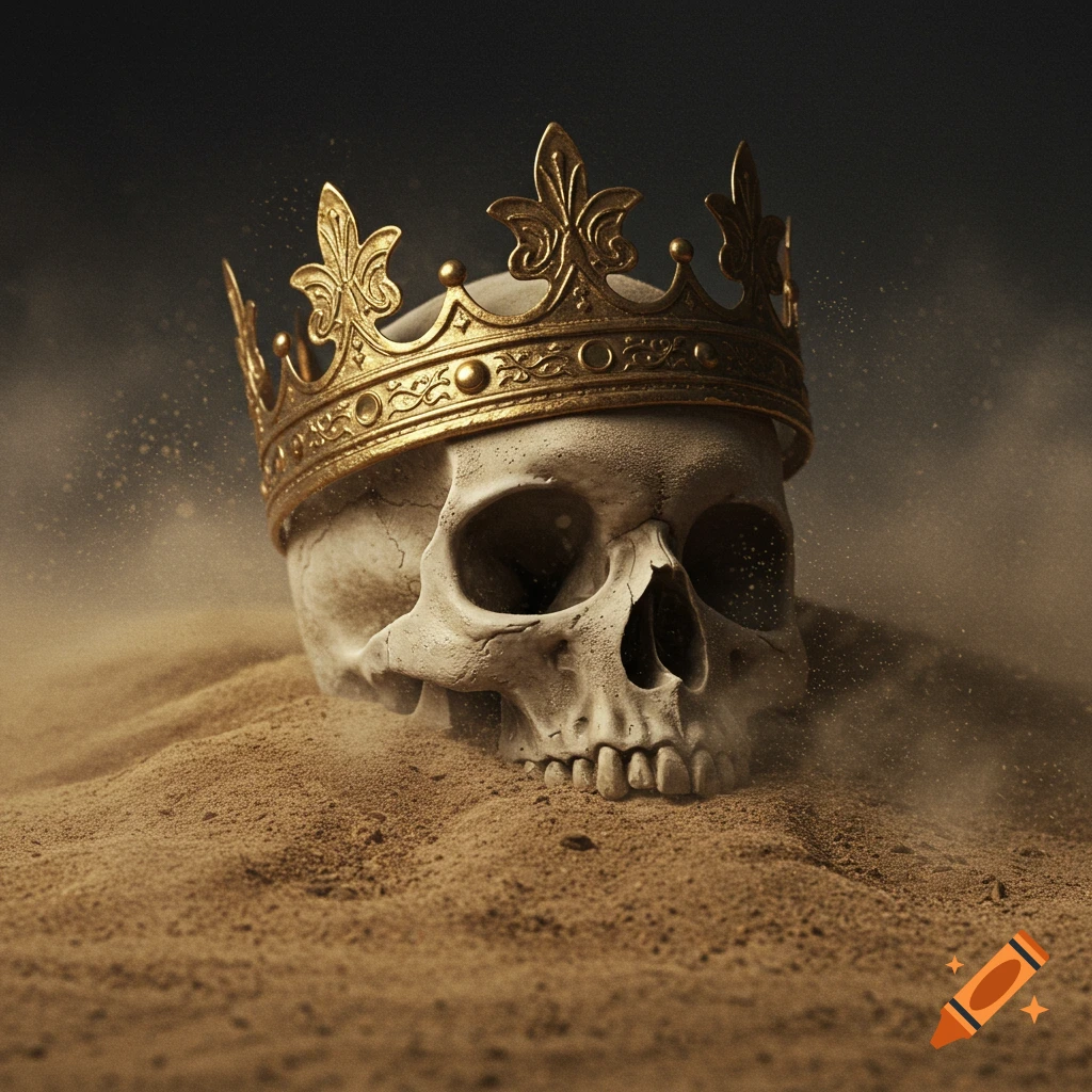 A skull wearing a golden crown is half-buried in sand.