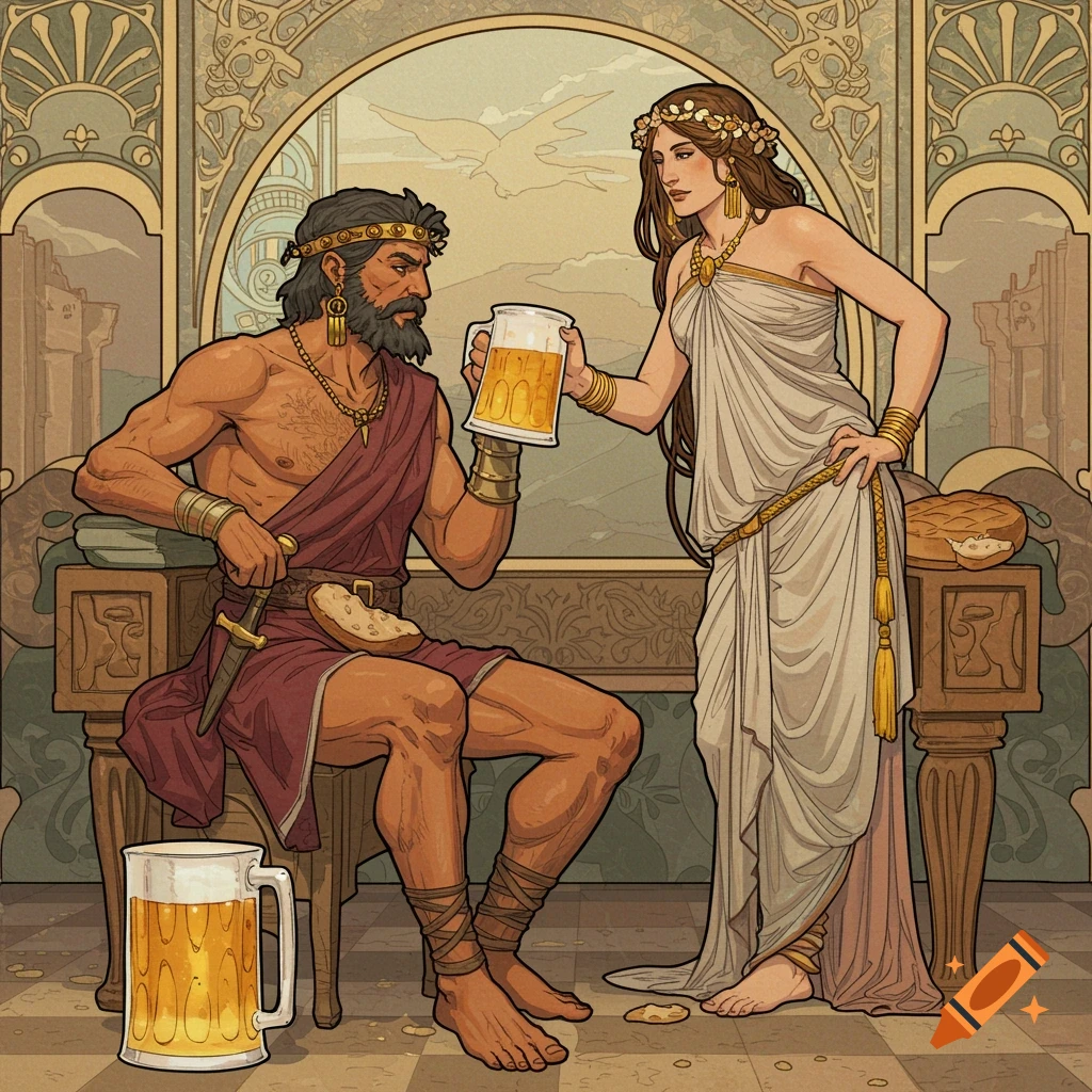 Ancient figures in Art Nouveau style: A man sits holding a dagger while a woman offers him a mug of beer.