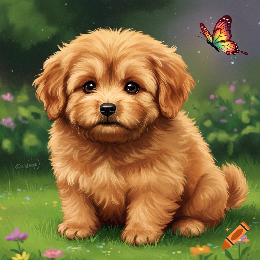 A fluffy brown puppy sitting in a grassy field with a colorful butterfly flying nearby.
