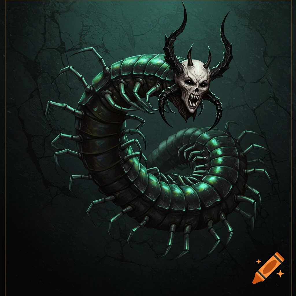 A monstrous creature with a skull head and horns on a centipede body, against a dark green background.
