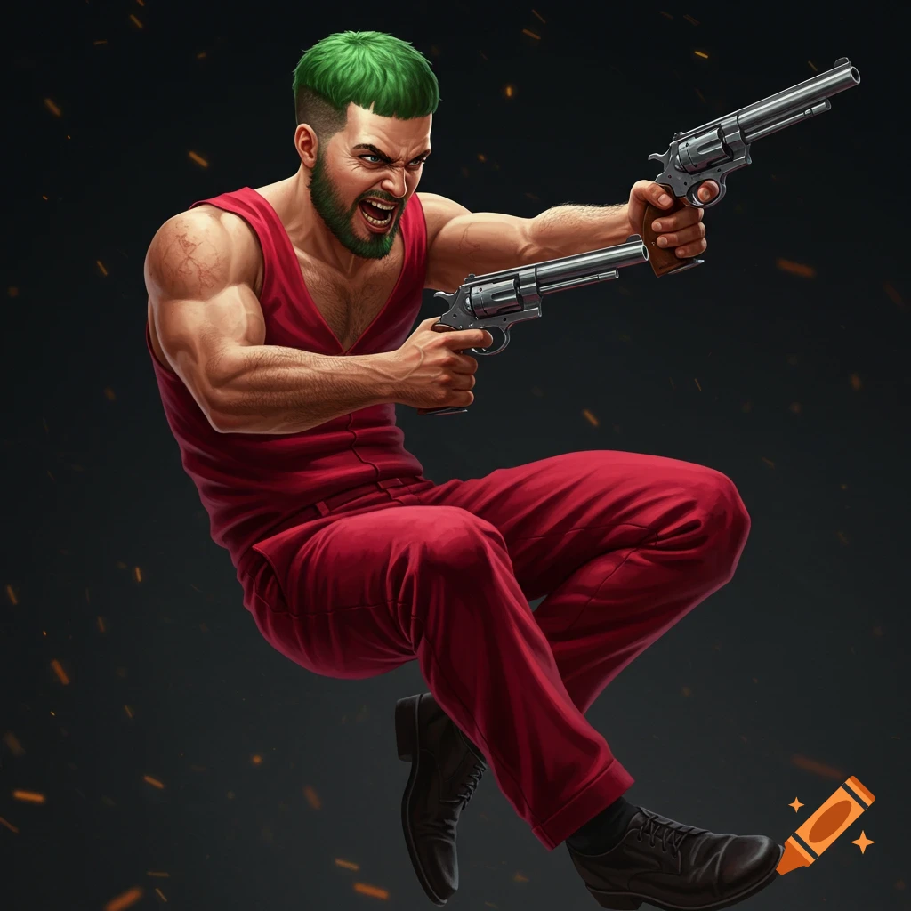 Man with green hair and red outfit jumps holding two revolvers. Stylized.