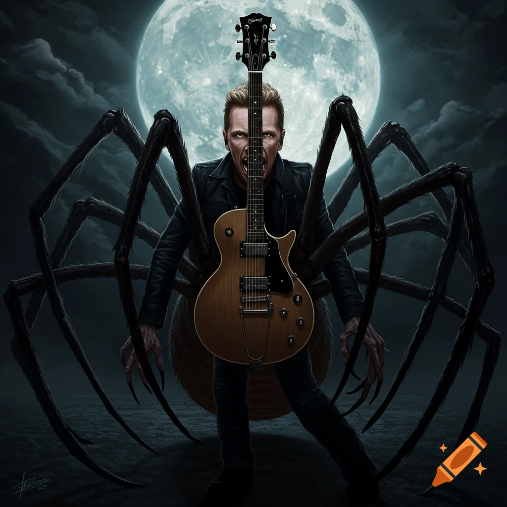 A monstrous figure with a human torso playing a guitar and a spider body with large legs stands under a full moon.