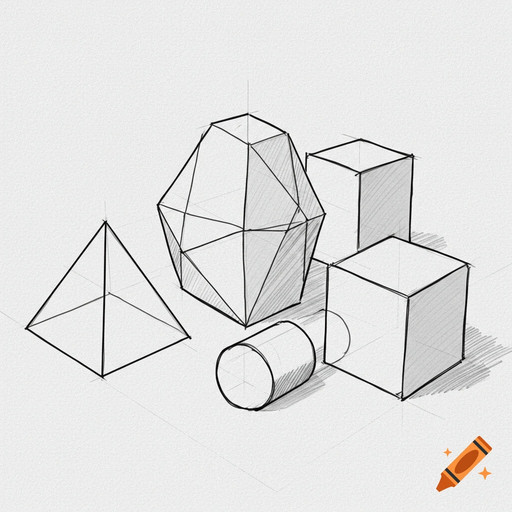 Sketch of geometric shapes including cubes, a pyramid, a cylinder, and a dodecahedron.