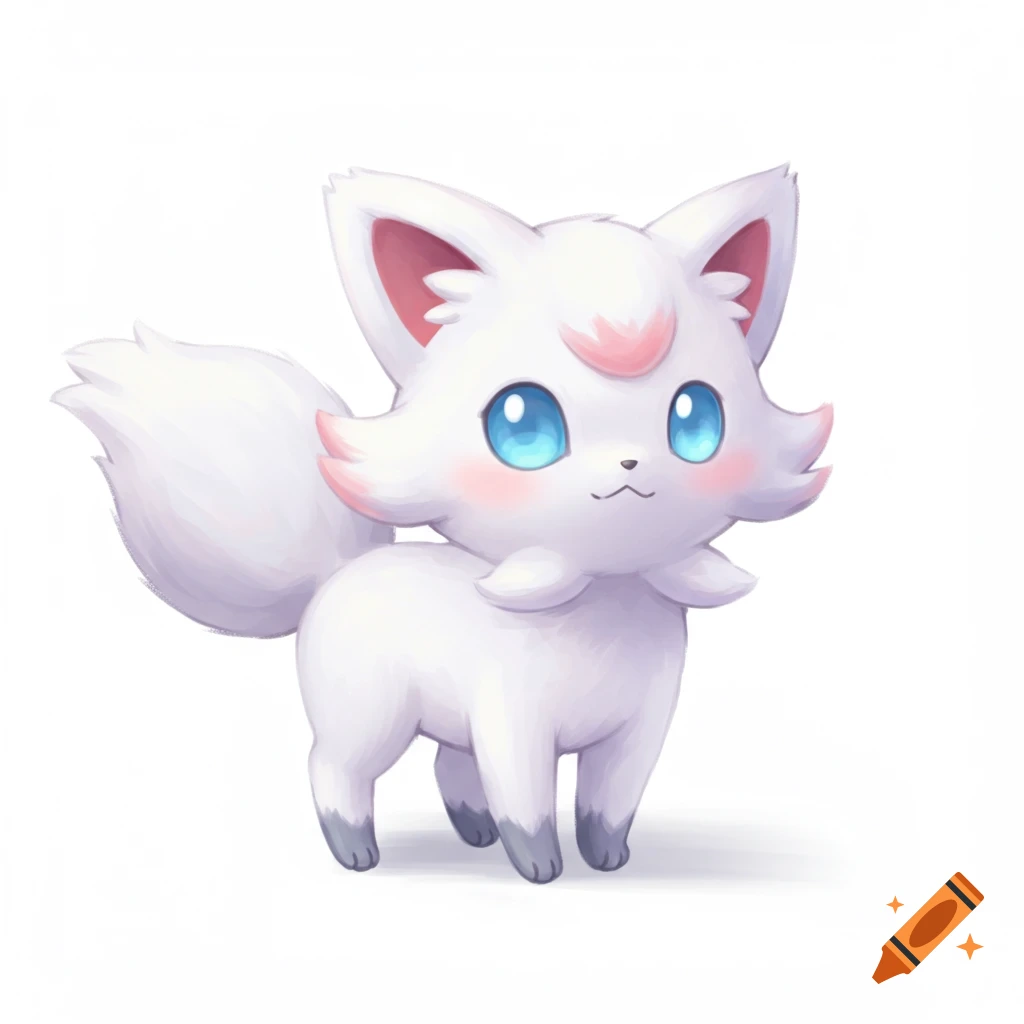 A cute, fluffy white creature with big blue eyes and pink ears standing on a white background.