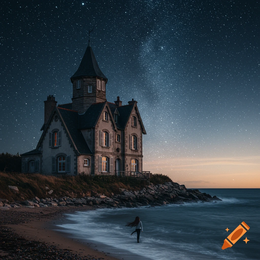 A house with a tower stands on a rocky coast under a starry sky with a person walking on the beach.