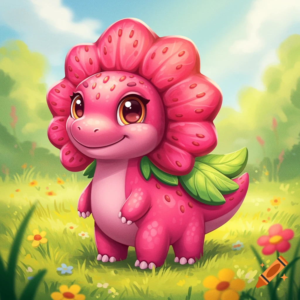 A cute cartoon strawberry dinosaur in a meadow.