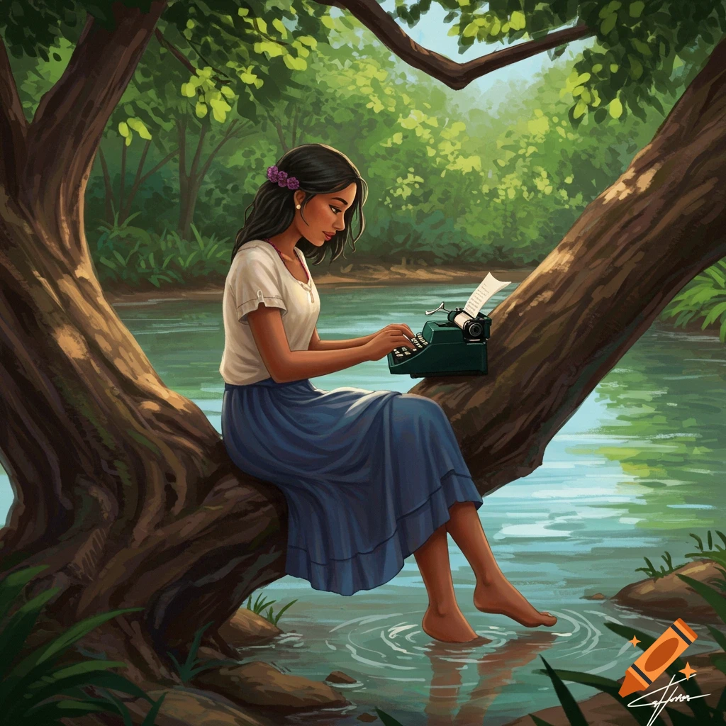 A girl is sitting on a tree branch over a river, typing on a typewriter.