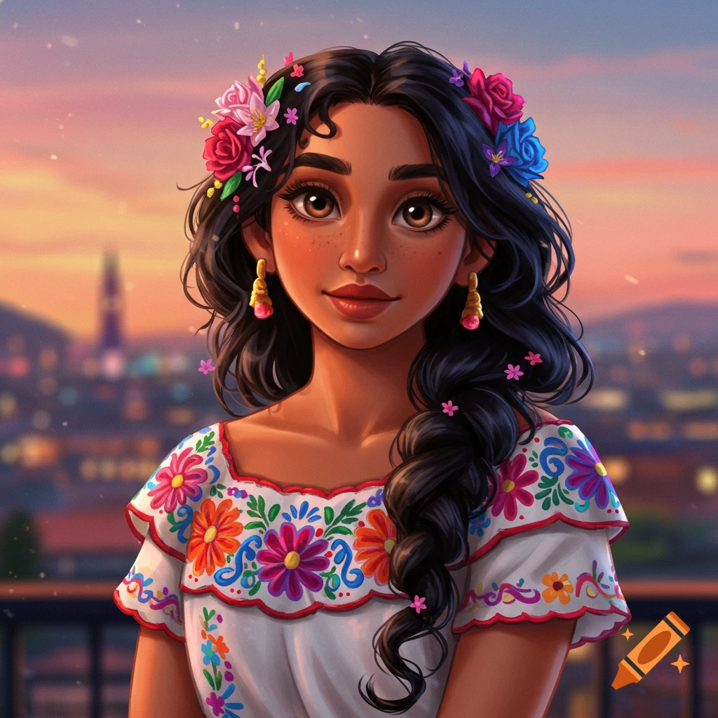 Young woman with flowers in her hair and embroidered dress, city view at sunset.