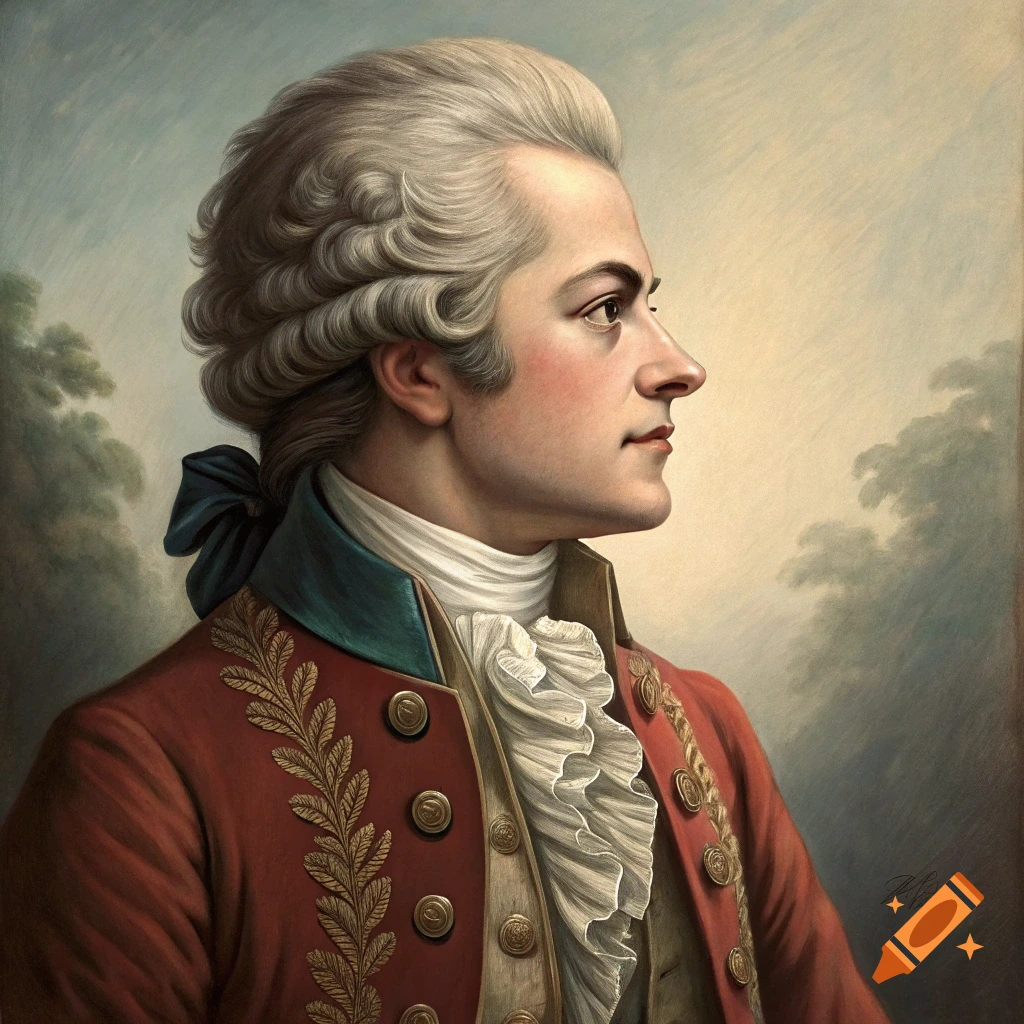 Profile portrait of a man in 18th-century clothing and powdered wig, in a classical painting style.