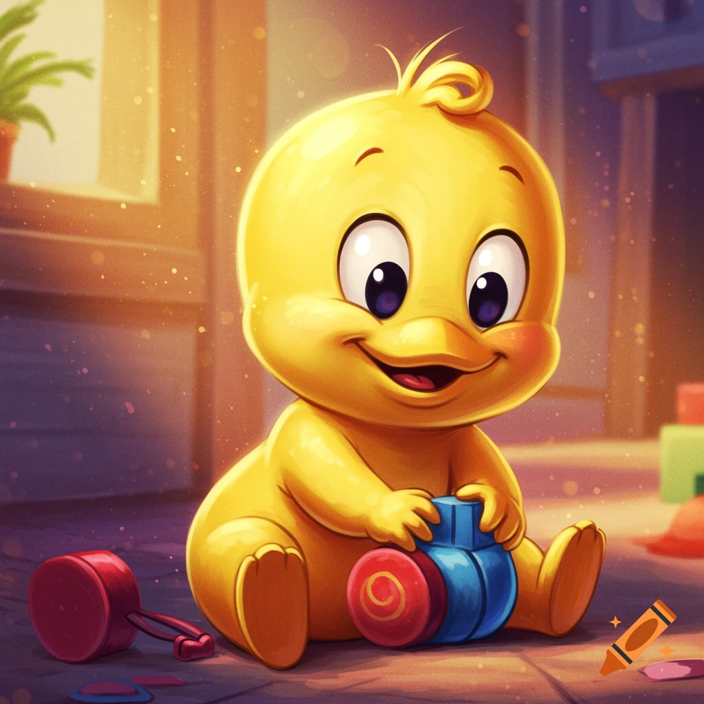 A cute cartoon baby duck sits on the floor playing with a colorful toy block in warm light.
