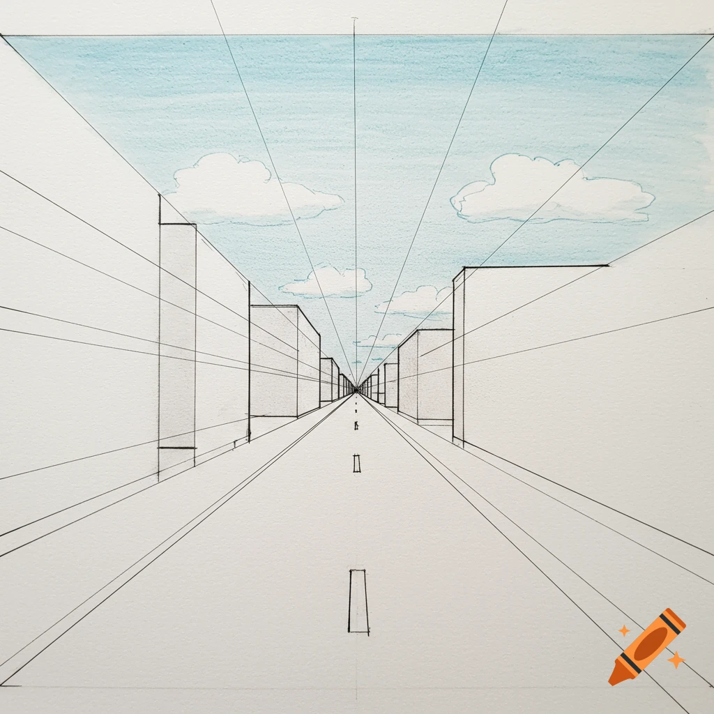 A technical drawing illustrating one-point perspective down a street with simple buildings and a sky.